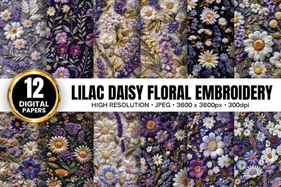 Lilac Daisy Floral Embroidery for Apparel