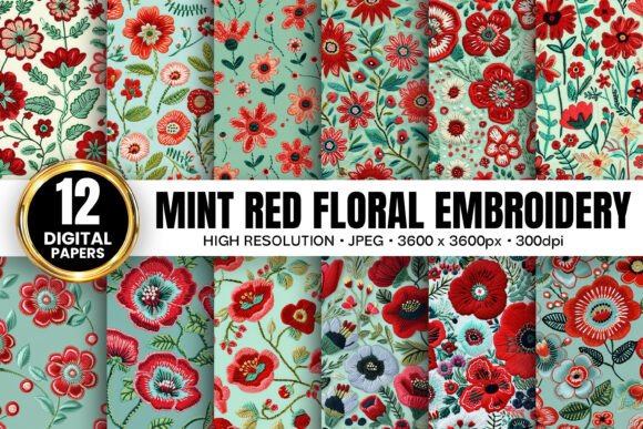 Mint Red Flowers Embroidery: A Festive Delight