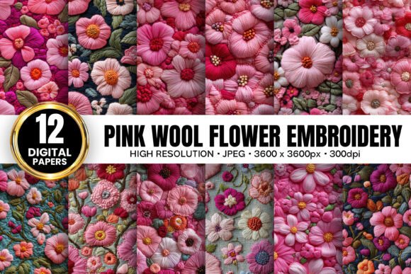 Pink Wool Flowers Embroidery for Holiday Gifts